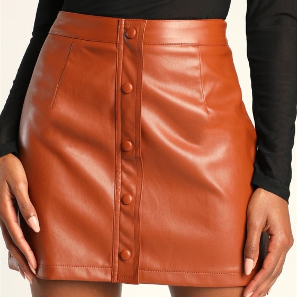 Lulus Most Fab Brown Vegan Leather Button-front Mini Skirt - Size L